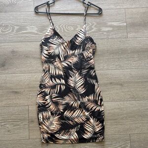 Fashion Nova Black and Cream Leaf Print Mini Dress